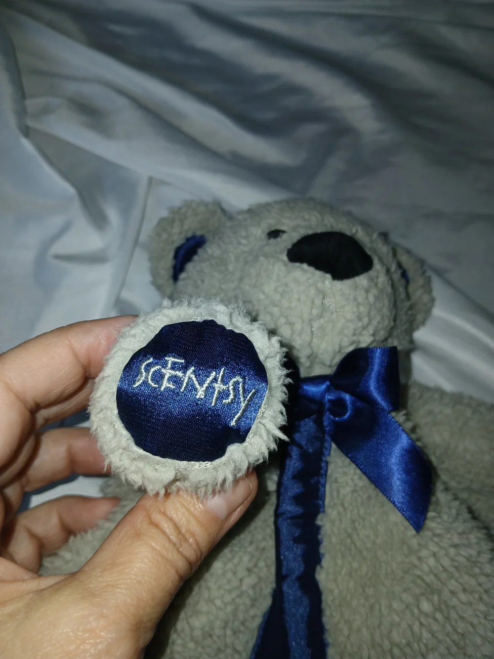 Scentsy Buddy Teddy Bear Plush Security Blanket Lovey Gray Blue Satin Trim